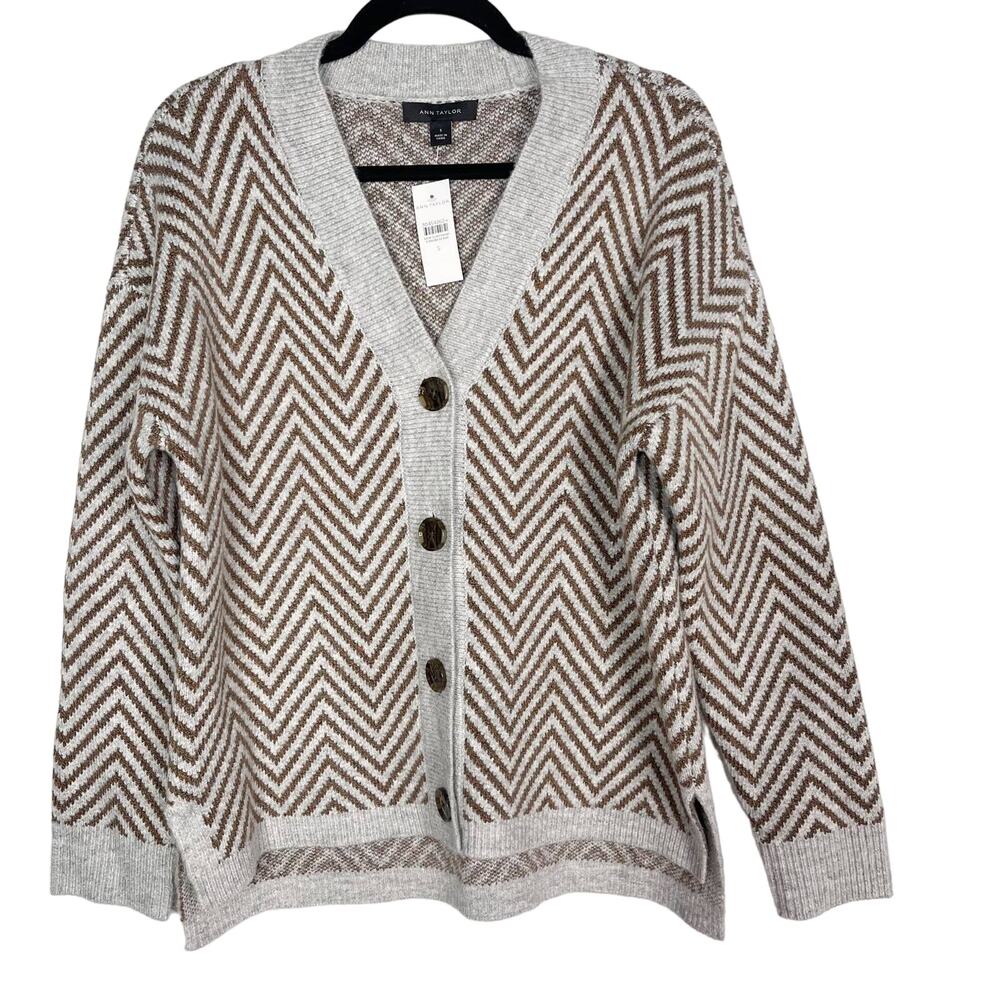 New Ann Taylor Small S Gray Brown Herringbone Boyfriend Cardigan Sweater Knit